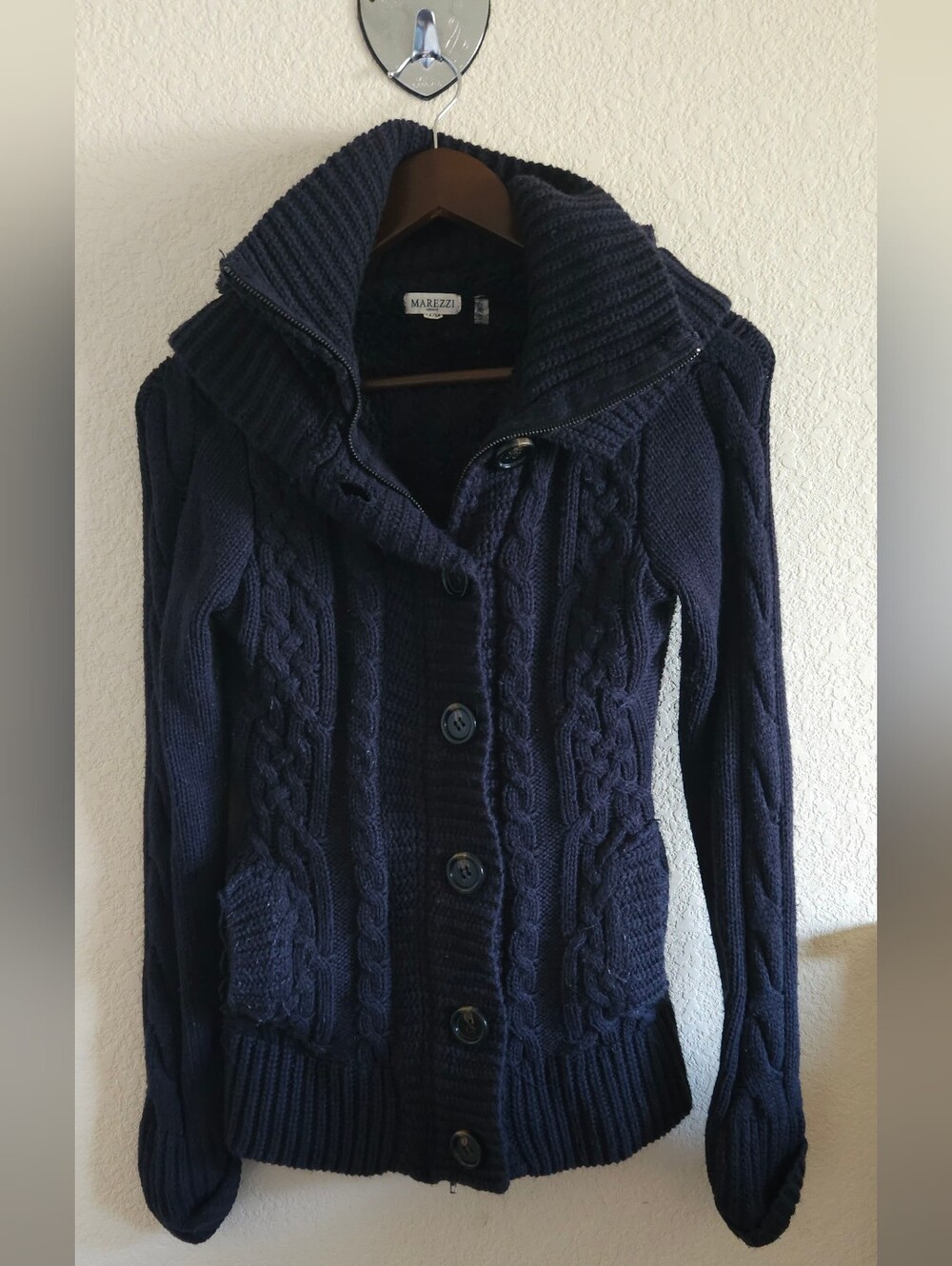 Navy Cable Knit Button-Up Sweater - Picture 2 of 9